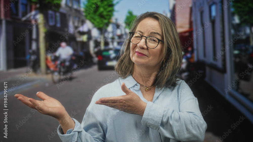 Fototapeta premium Woman giving thumbs up with exposed thumb and gentle smile on a city street near storefronts and bicycles; approval encouragement.