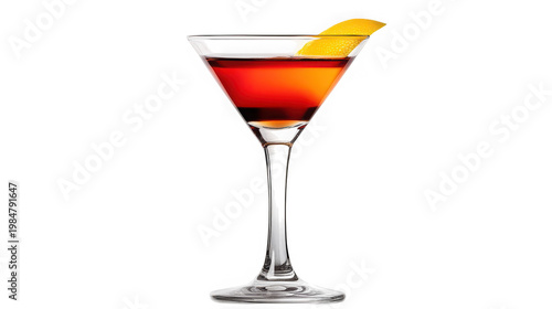A cocktail glass filled with a vibrant red drink and garnished with a lemon twist on transparent background