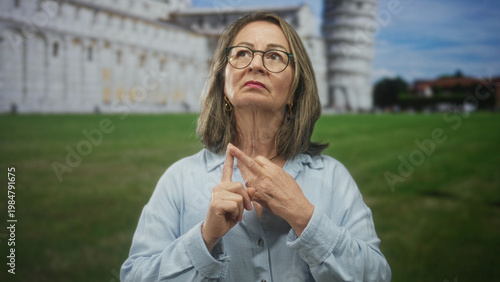 Foto Hispanic senior woman with grey hair and glasses presses index fingers together, pointing gesture while standing on a grassy lawn before a historic building; thoughtful reflection
