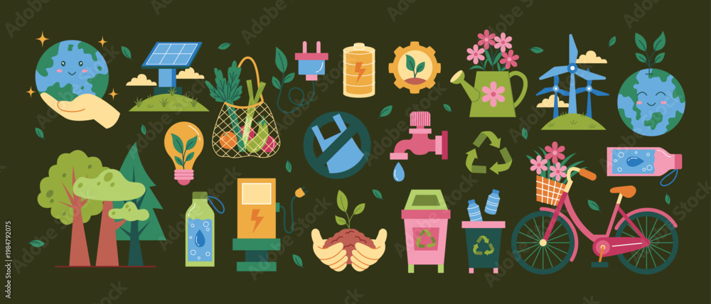 Naklejka premium Earth Day Eco Sustainability Illustration Set