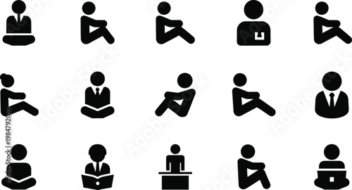 Set of simple icons representing people in various poses and activities with standing, silhouette
