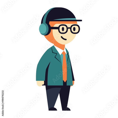 Cartoon man wearing headphones and glasses in green suit