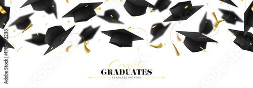 Seamless Pattern For Decoration Of Graduation. Vector background with 3d falling graduation caps, golden confetti. Decorative graduation banner for design of graduation in college, school, university.
