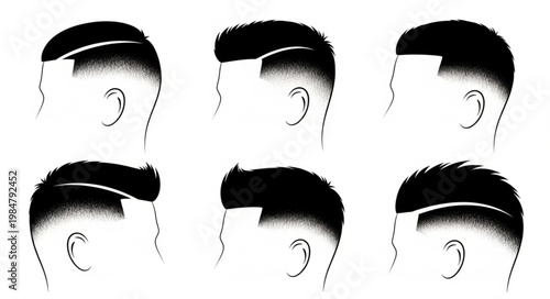 Six male side profile haircut variations illustrated in black and white.