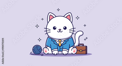 Cute Business Cat Wearing Suit Sitting With Briefcase and Yarn Ball.