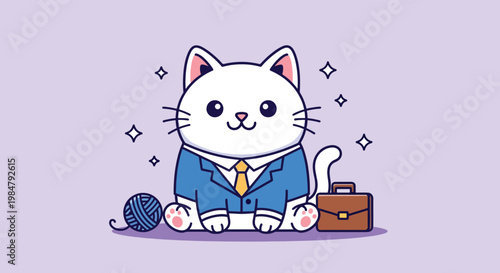 Cute Business Cat Wearing a Suit with Briefcase and Yarn Ball.