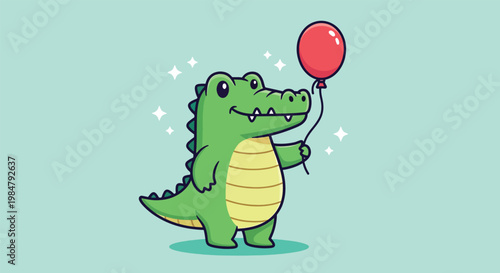Cute cartoon alligator holding a red balloon on a light blue background.