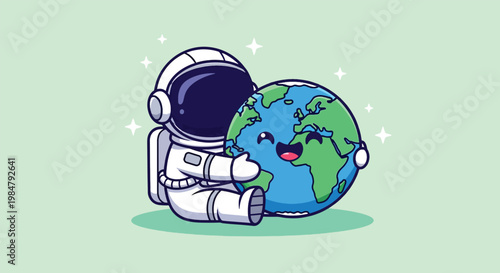 Cute Cartoon Astronaut Hugging Happy Earth Planet Illustration.