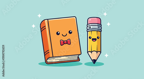 Cute Cartoon Book and Pencil Characters Illustration for Education Theme.