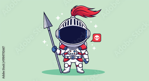 Cute Cartoon Astronaut Knight Character Holding Spear Illustration.
