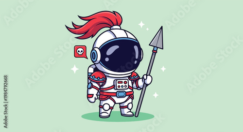 Cute cartoon astronaut warrior holding a spear with a red plume on helmet.