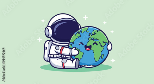 Cute cartoon astronaut hugging a happy earth planet illustration.