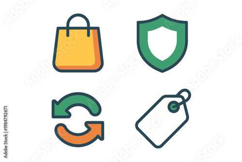 Four colorful line icons depicting shopping security recycling and price