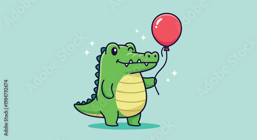 Cute Cartoon Alligator Holding a Red Balloon.