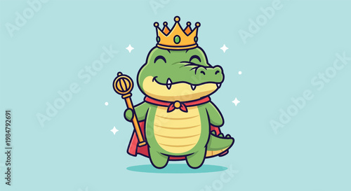 Cute Cartoon Crocodile King Character Wearing Golden Crown and Holding Scepter Illustration.