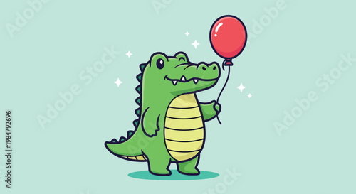 Cute Cartoon Crocodile Holding a Red Balloon Illustration.