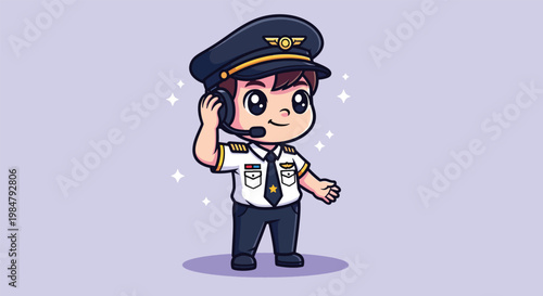 Cute Cartoon Pilot Character Talking on Headset.