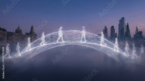 Ethereal Bridge with Ghostly Figures in Urban Cityscape at Dawn