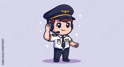 Cute Cartoon Pilot Character Wearing Headset and Uniform.