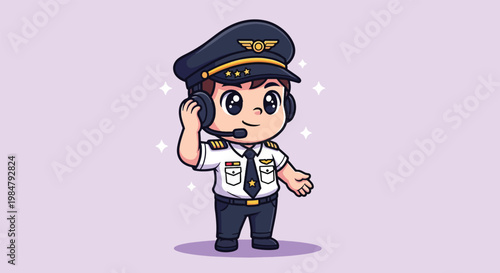 Cute Cartoon Pilot Character Wearing Uniform and Headset.
