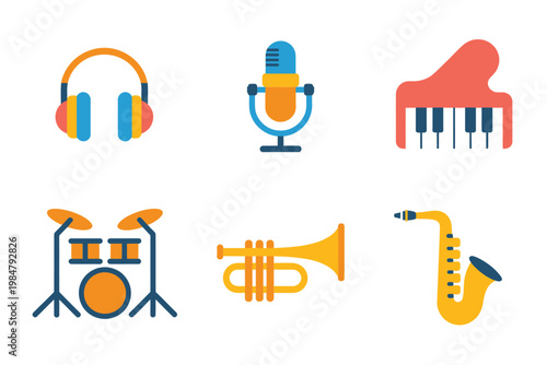 Colorful flat design icons representing various musical instruments and audio equipment