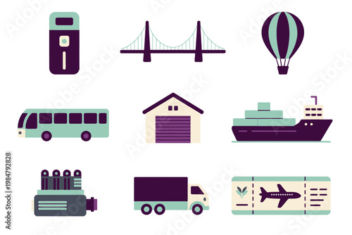 Colorful flat design icons depict various modes of transportation and landmarks