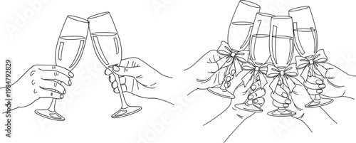 Champagne toast doodle set with hands clinking glasses celebration party festive hand drawn vector illustration collection