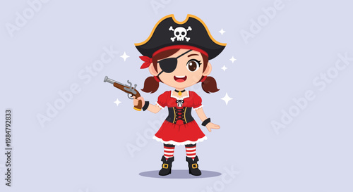 Cute Cartoon Pirate Girl with Eyepatch and Pistol 1.