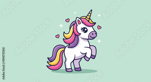 Cute Cartoon Unicorn Standing on Hind Legs with Sparkles.