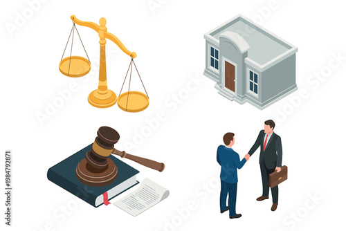 Isometric illustration depicting legal concepts justice law agreement and courthouse