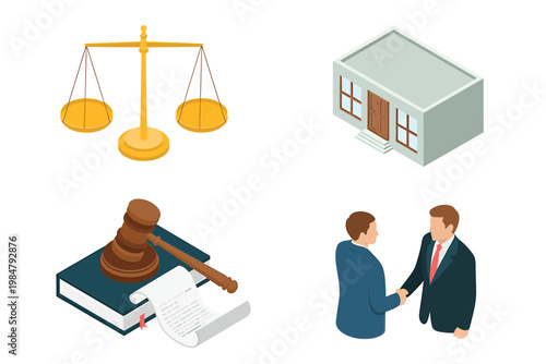 Isometric icons representing justice law property and a business agreement
