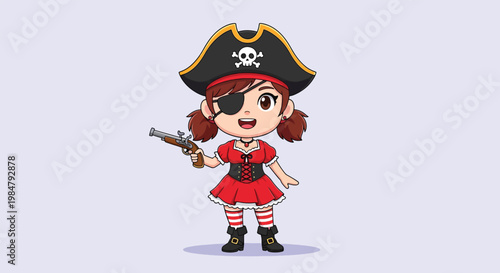 Cute Cartoon Pirate Girl with Eyepatch and Pistol.