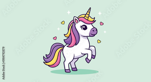 Cute Cartoon Unicorn Standing with Sparkles and Hearts.