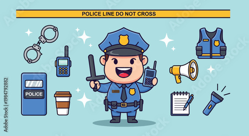 Cute Cartoon Police Officer with Equipment.