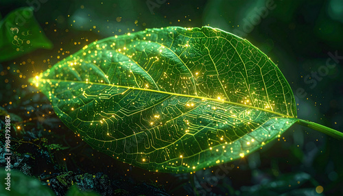 Green technology concept with digital circuit veins on leaf