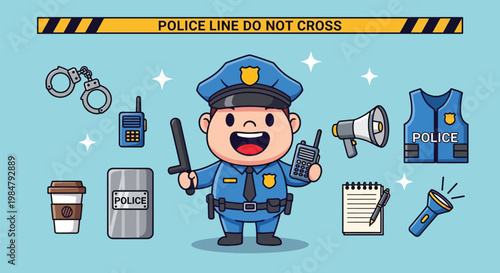Cute Cartoon Police Officer with Equipment Illustration.