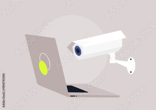 A laptop sits open as a watchful CCTV camera looms nearby, creating an uneasy contrast that critiques the surveillance of personal devices and the quiet extraction of user data in a minimalist setting