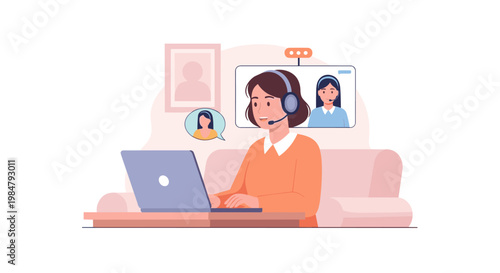 Woman in headset working on laptop during video conference call.