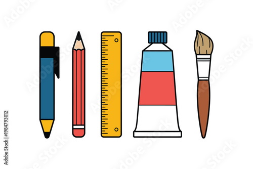 A colorful illustration depicting stationery and art supplies arranged in a row