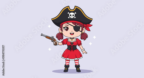 Cute Chibi Pirate Girl Illustration with Pirate Hat and Pistol.