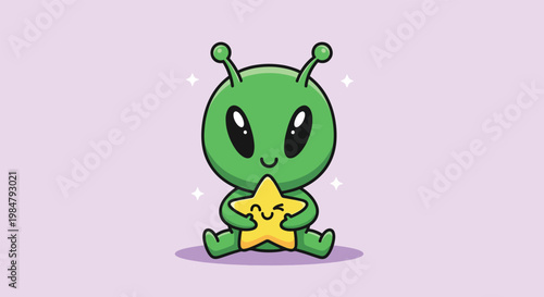 Cute Green Alien Character Holding a Winking Yellow Star Cartoon Illustration.