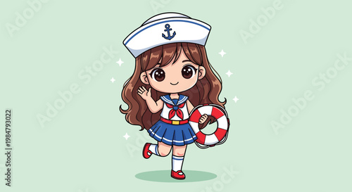Cute Chibi Sailor Girl Character Illustration Waving and Holding a Lifebuoy.