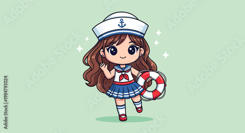 Cute Chibi Sailor Girl Waving Holding Lifebuoy.