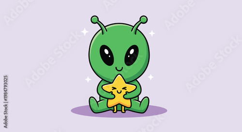 Cute Green Alien Holding a Sparkling Star.