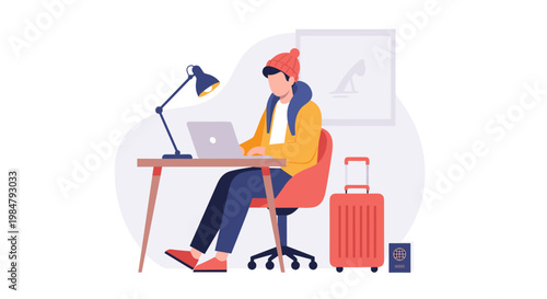 Digital nomad working remotely with laptop and travel luggage.