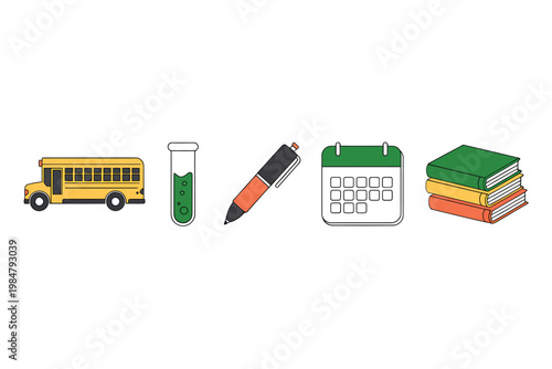 A colorful illustration depicts school related objects like a bus beaker pen calendar and books