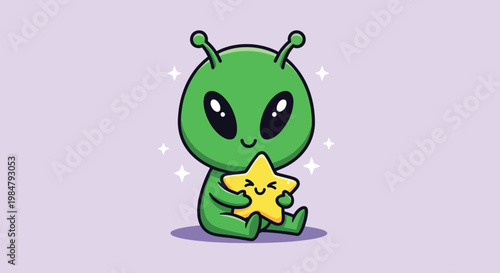 Cute Green Alien Holding a Star Character Illustration.