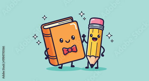 Cute Kawaii Book and Pencil Characters High Fiving Illustration.