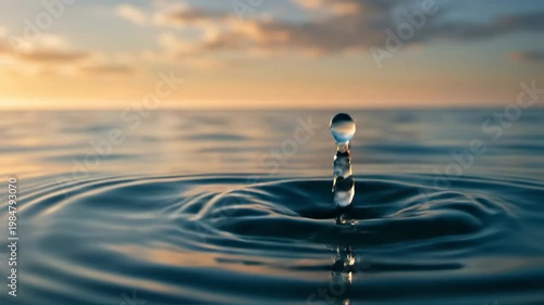 A solitary water drop over the vast open ocean, calm blue surface, distant horizon and meditative stillness emphasizing simplicity and disappearance into space, photorealistic seascape macro concept,