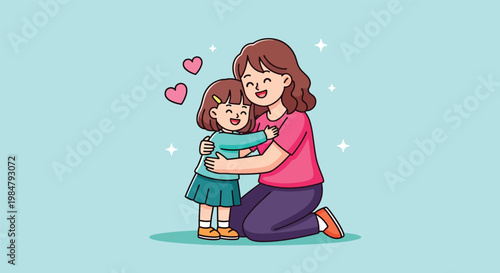 Cute illustration of a mother and daughter hugging each other with love.